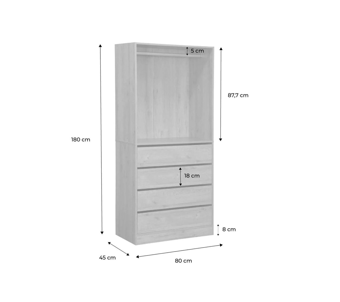 Ankleidemodul mit 4 Schubladen und 1 natürlichem Kleiderschrank. Laminatplatten