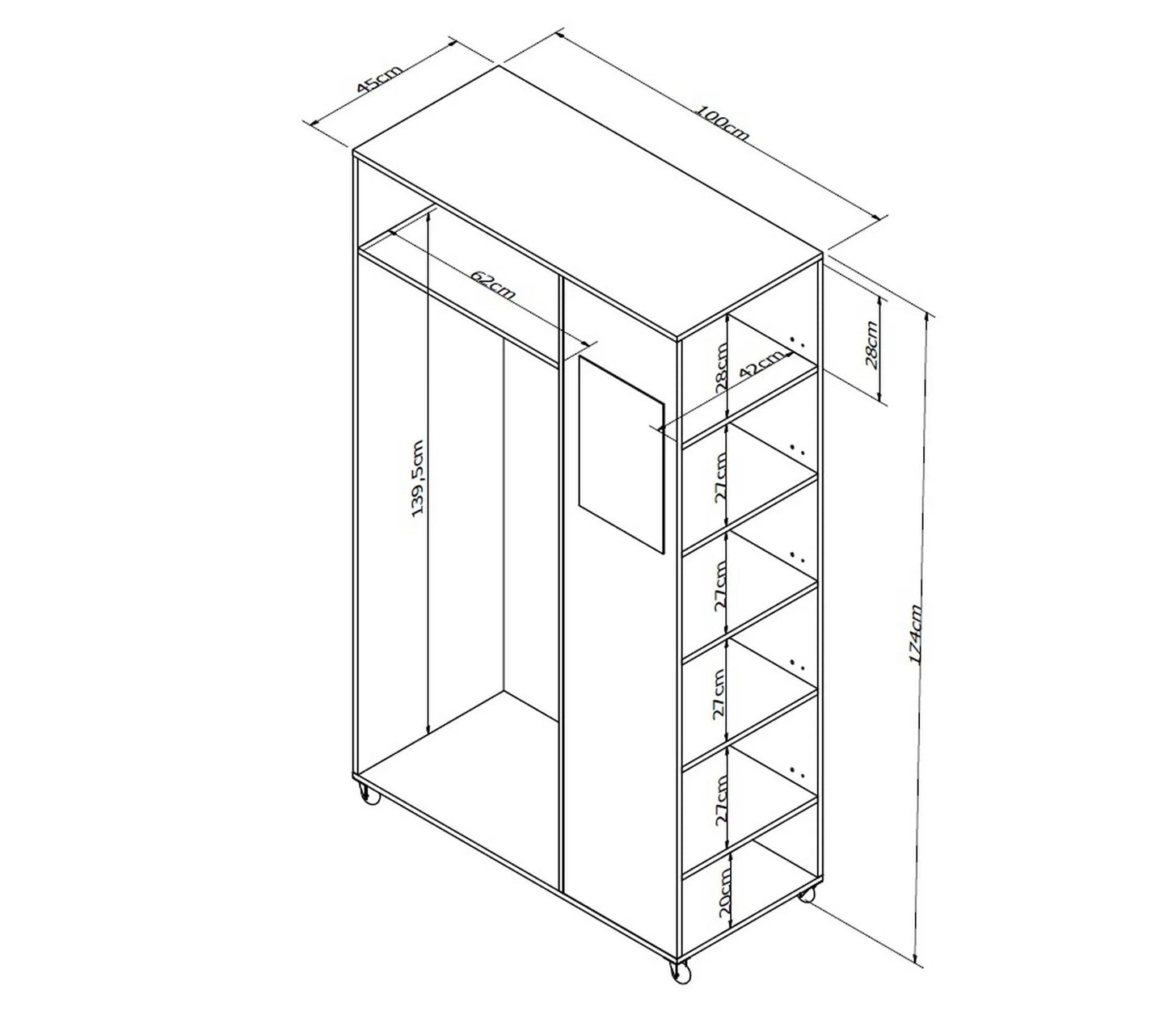 Meuble Dressing Penderie Blanc 8 Niches Miroir Roulettes L 100 H 174 P 45 Cm