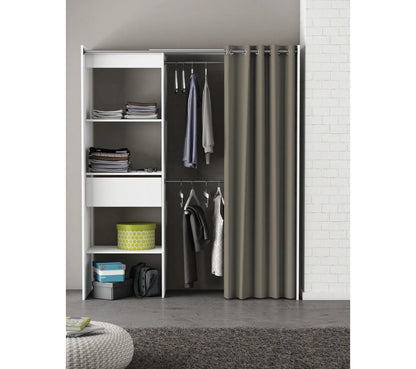 Armoire dressing extensible MOKA Blanc perle et rideau gris