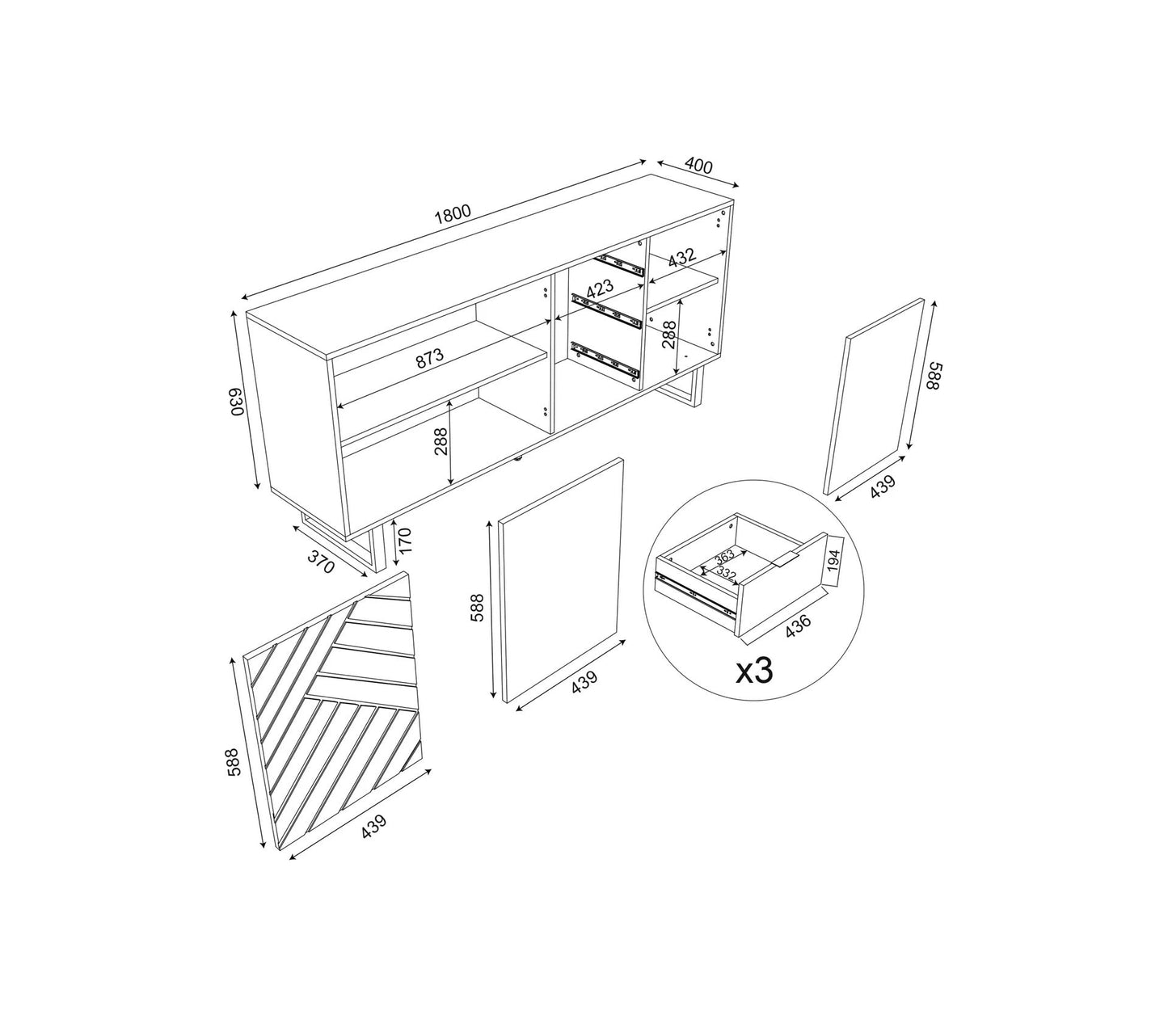 Sideboard 3 Türen 3 Schubladen 180 cm VANIA Eiche Nachbildung