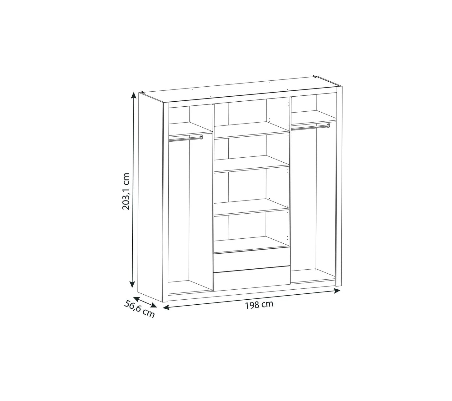 Armoire 4 portes avec miroir COLO lingère et penderie imitation chêne et noir