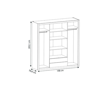 Armoire 4 portes avec miroir COLO lingère et penderie imitation chêne et noir