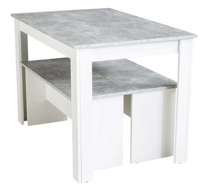 Conjunto de mesa de comedor y 2 bancos de diseño PASTA Blanco y imitación hormigón