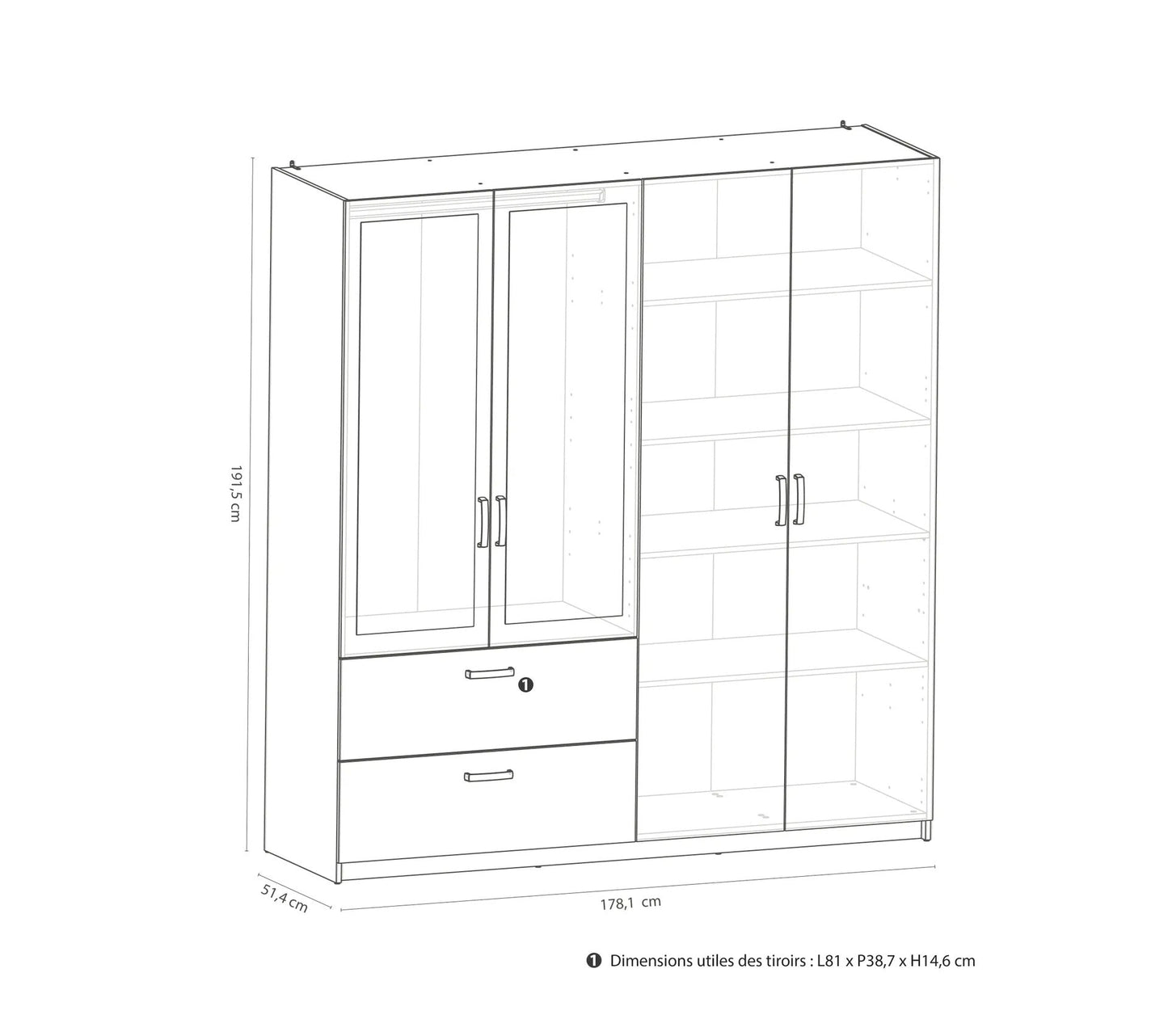 Kleiderschrank 4 Türen 2 Schubladen L.179 cm READY Nachbildung Kronberg-Eiche und Schiefer