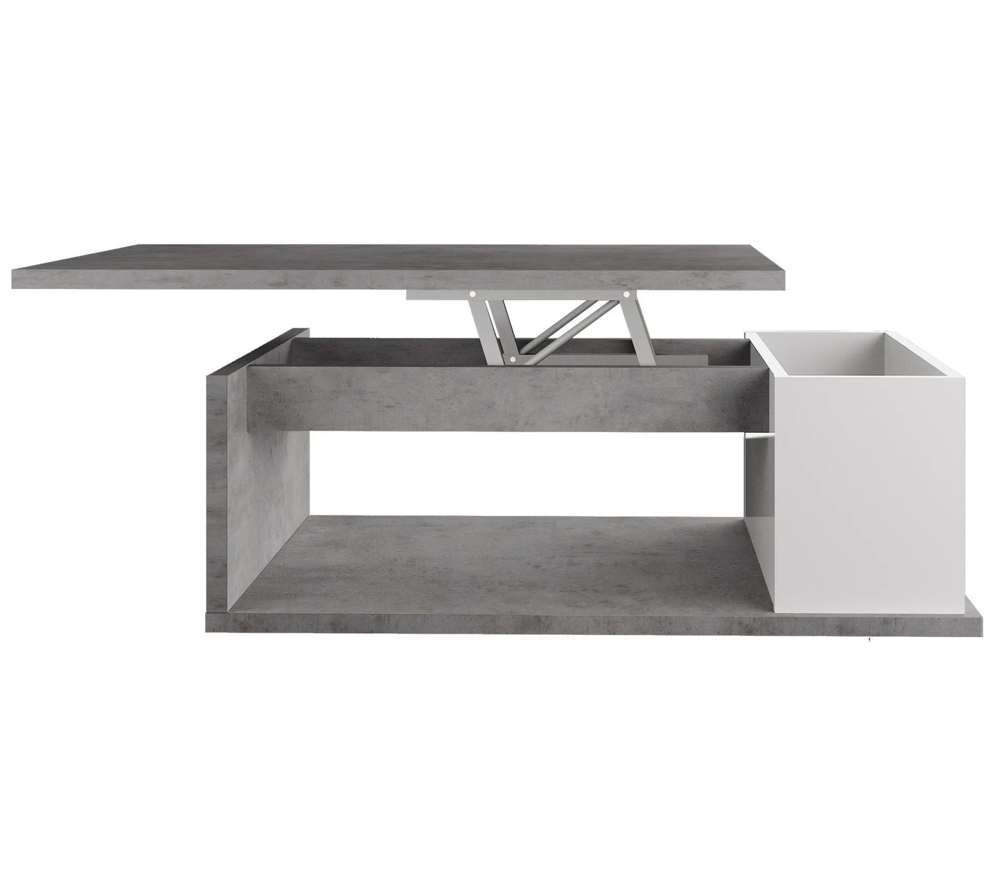 Table basse plateau relevable avec coffre DESPACITO Imitation béton et blanc