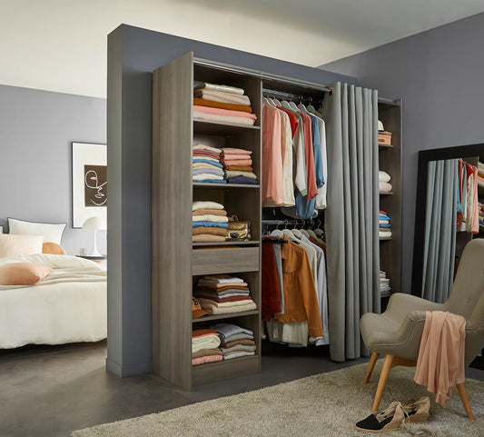 Kit vestidor 2 columnas con cortina Eklips II Al. 200 cm x L. 200 cm decoración roble gris