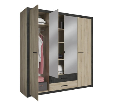 Armoire 4 portes avec miroir COLO lingère et penderie imitation chêne et noir