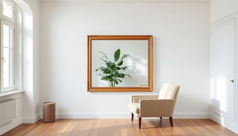 Vue d’ensemble d’un grand miroir rectangulaire doré à moulures, accroché au mur d’un salon lumineux de style haussmannien. Reflet subtil d’une plante verte et d’une fenêtre. Mur blanc cassé, parquet en bois clair, fauteuil en lin naturel posé en coin, lumière naturelle en fin d’après-midi. Ambiance élégante et épurée, style intérieur chic et intemporel.