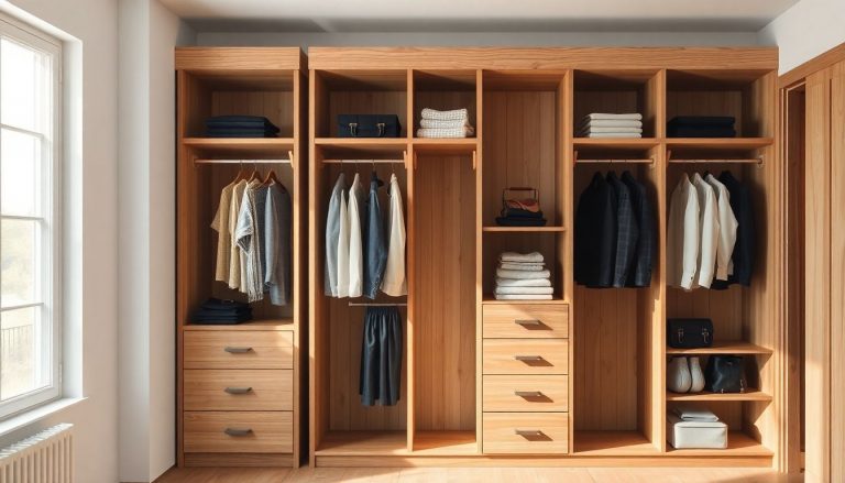 Colonne dressing en bois clair avec des vêtements agencés à l'intérieur.