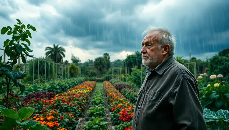 Un jardin dévasté par des intempéries, avec des plantes détruites.
