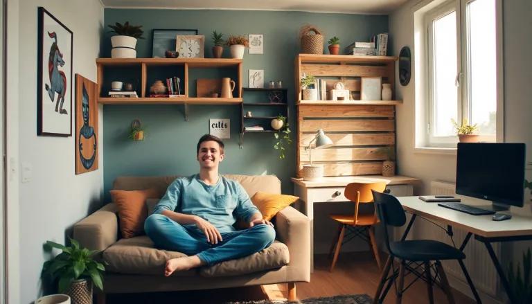 Avant/après d'un studio montrant des solutions d'optimisation d'espace comme des meubles multifonctions ou des étagères murales.