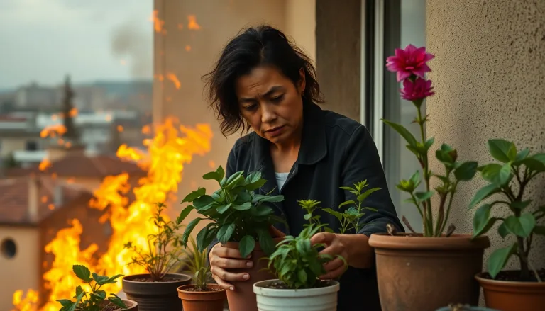 Plantes d'extérieur desséchées sous un soleil de plomb, arrosoir à proximité.
