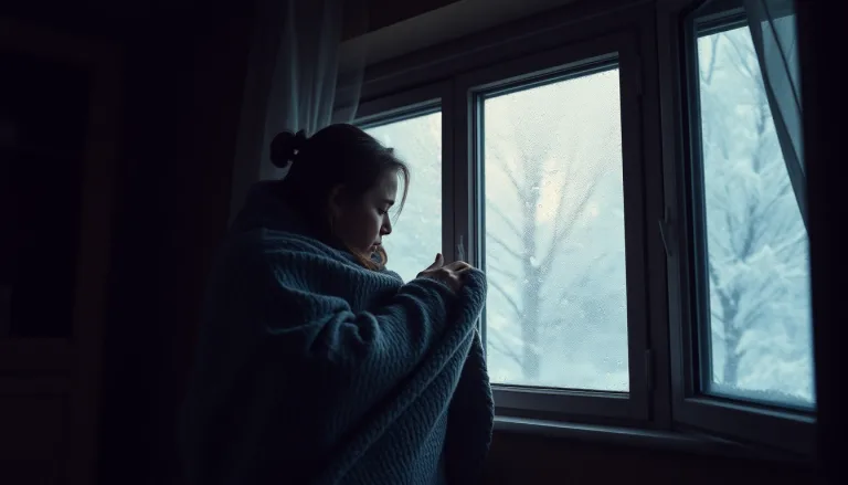 Une personne tenant une bougie près d'une fenêtre pour détecter un courant d'air froid.