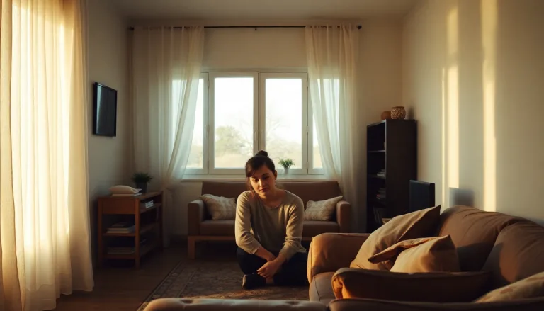 Homme regardant son petit appartement avec un air dubitatif, puis souriant dans un espace transformé