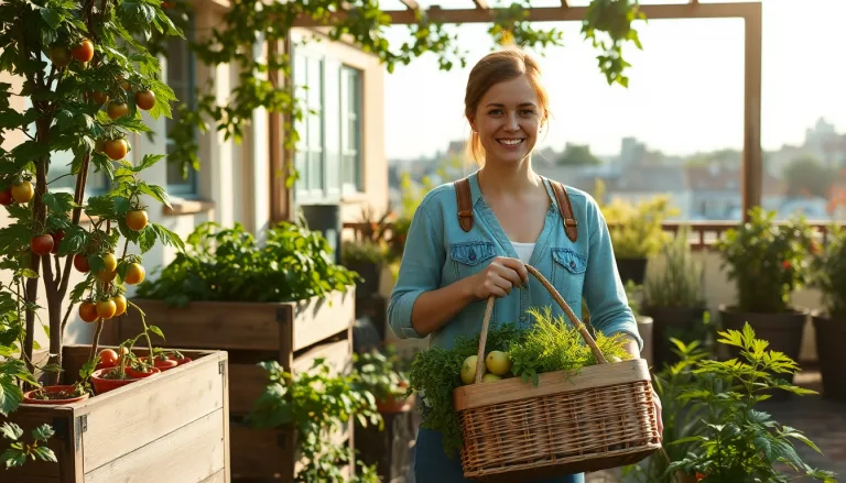 Personne travaillant joyeusement dans un petit potager garni de légumes