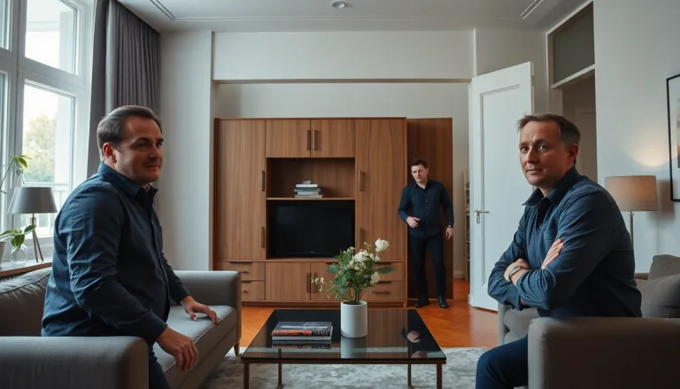 Des décorateurs regardant avec consternation des meubles imposants devant une porte d'entrée trop petite pour les faire passer.