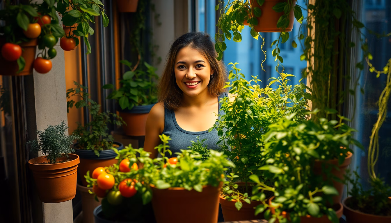 Balcon transformé en potager luxuriant avec des légumes frais