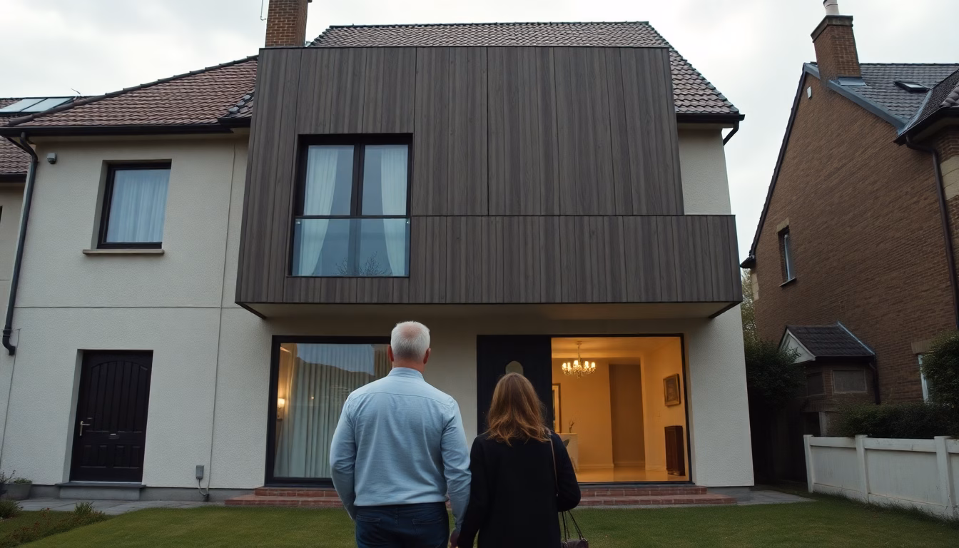 Maison avec une extension non conforme et panneau d'amende
