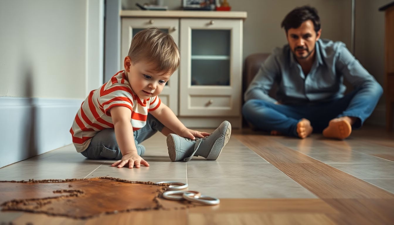Un enfant jouant à côté d'un revêtement de sol potentiellement glissant ou toxique.
