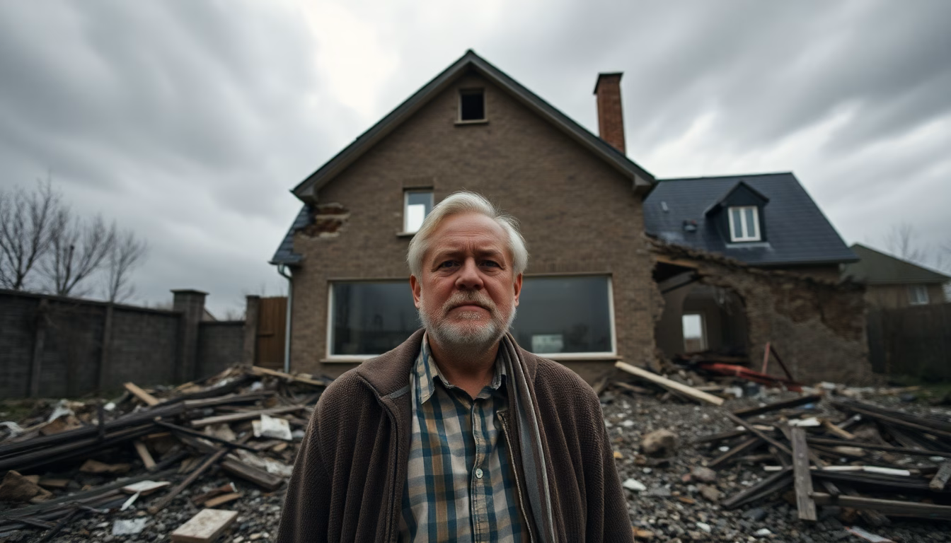 Une photo d'une extension de maison récemment construite, avec une croix rouge indiquant une interdiction.