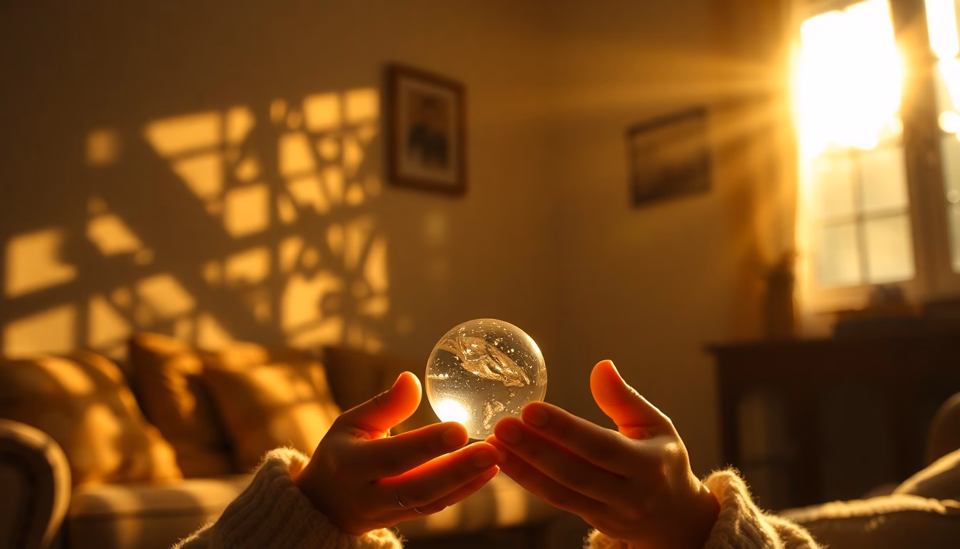 Une personne tenant un petit objet décoratif à un euro, le mettant en scène dans un salon moderne.