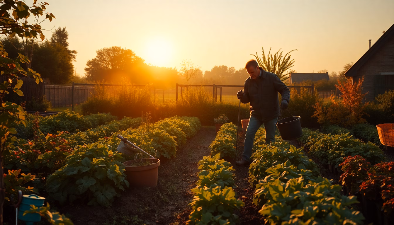 Une personne travaillant joyeusement dans son potager par un temps ensoleillé.