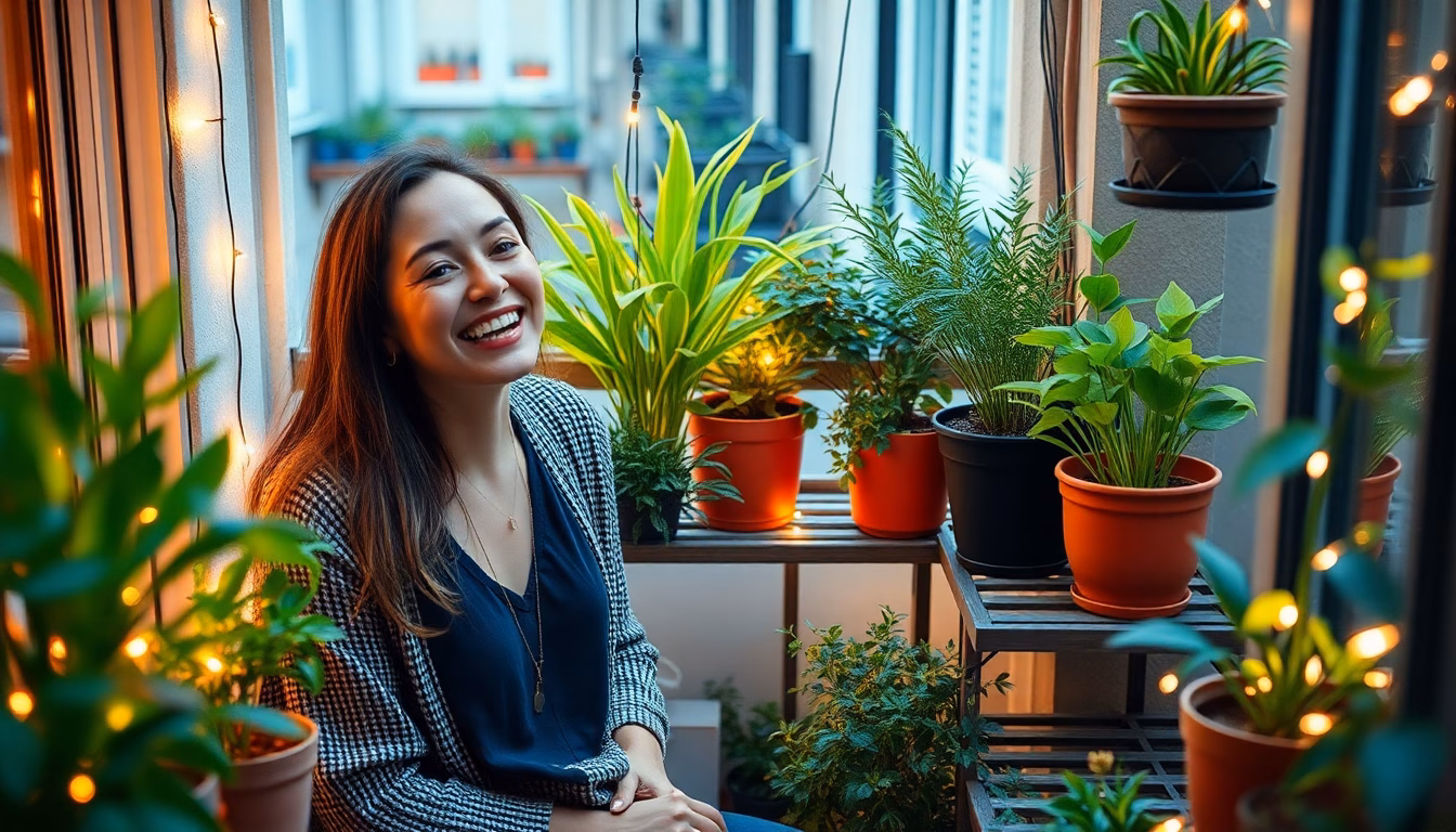 Un balcon aménagé avec des plantes, des fleurs et un petit coin salon, le tout réalisé avec un petit budget.