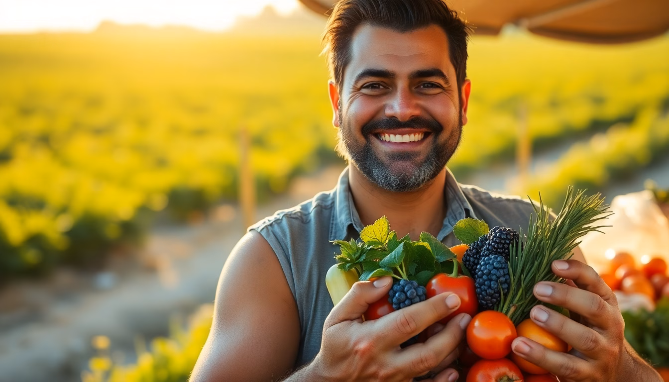 Maraîcher souriant devant un étal coloré de fruits et légumes frais