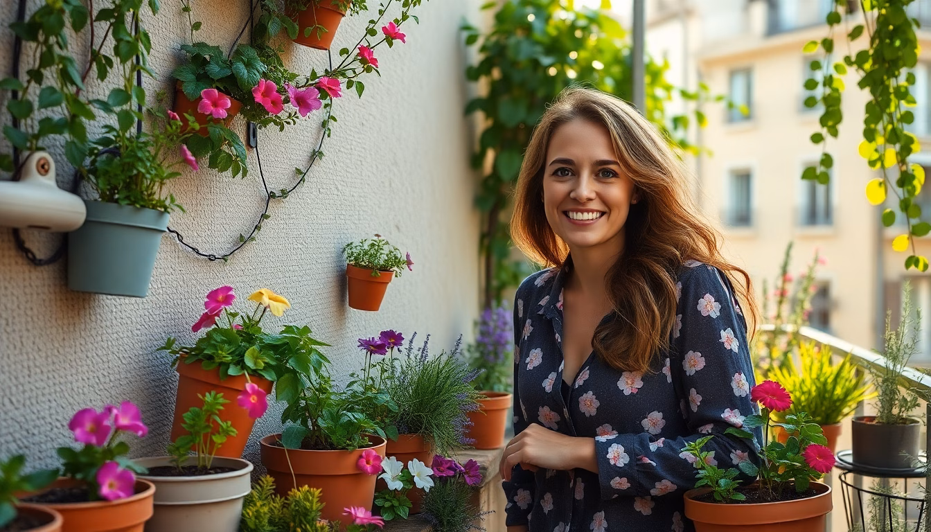 Un petit balcon transformé en jardin suspendu avec des plantes luxuriantes dans des pots recyclés.