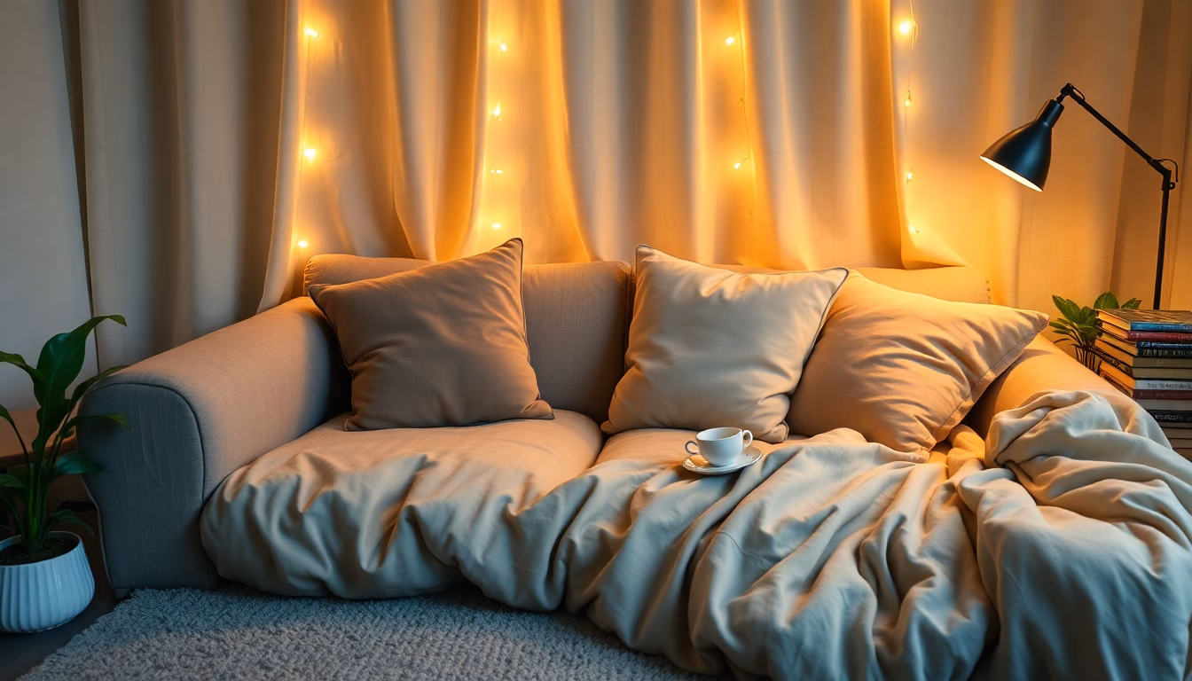 Salon cosy et douillet avec coussins moelleux et lumière tamisée