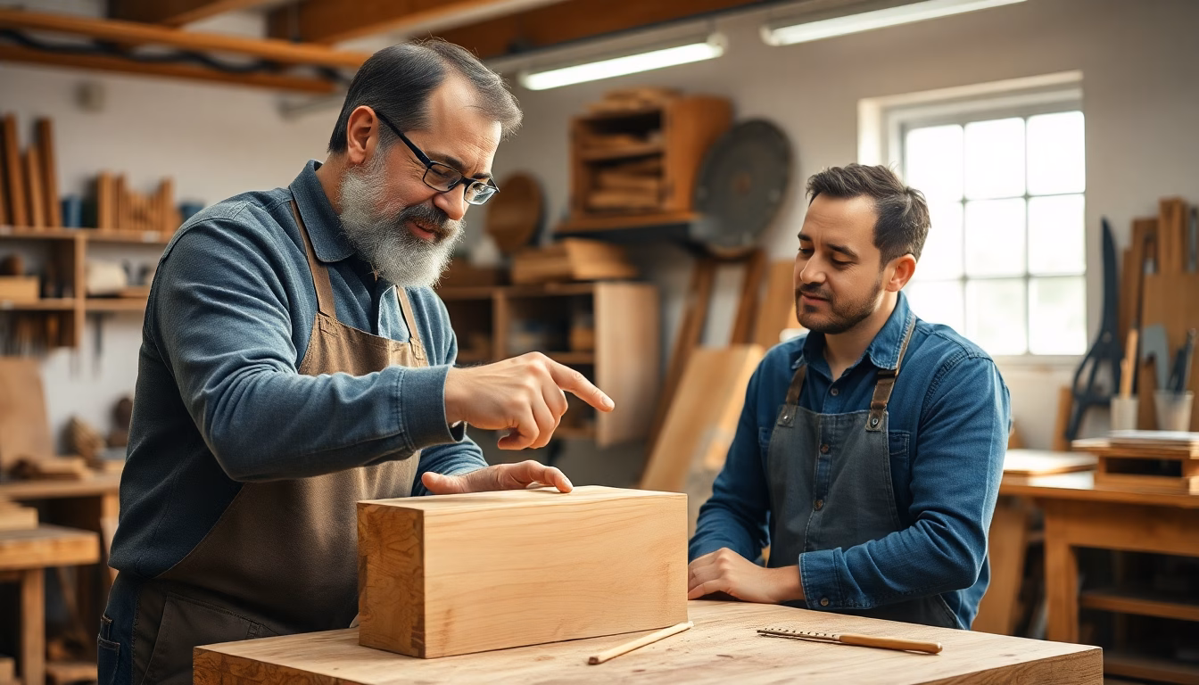 Un menuisier montrant une technique de fixation d'étagère avec des outils professionnels.