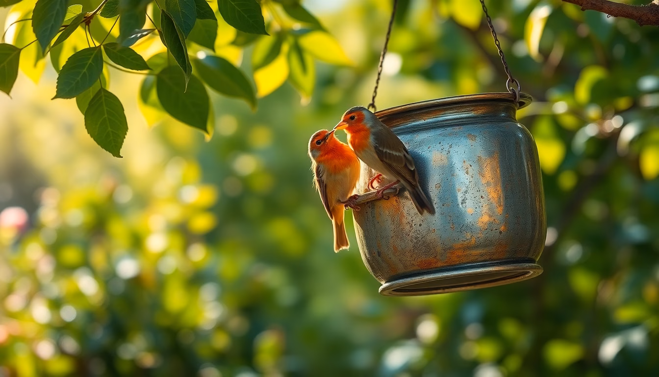 Vieux pot de peinture transformé en mangeoire pour oiseaux