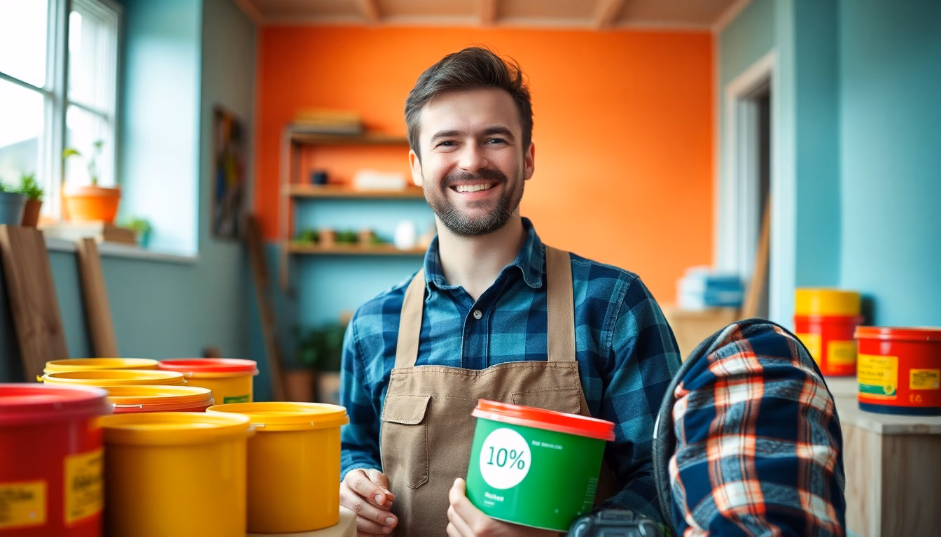 Pot de peinture écologique avec une étiquette indiquant une baisse de prix.