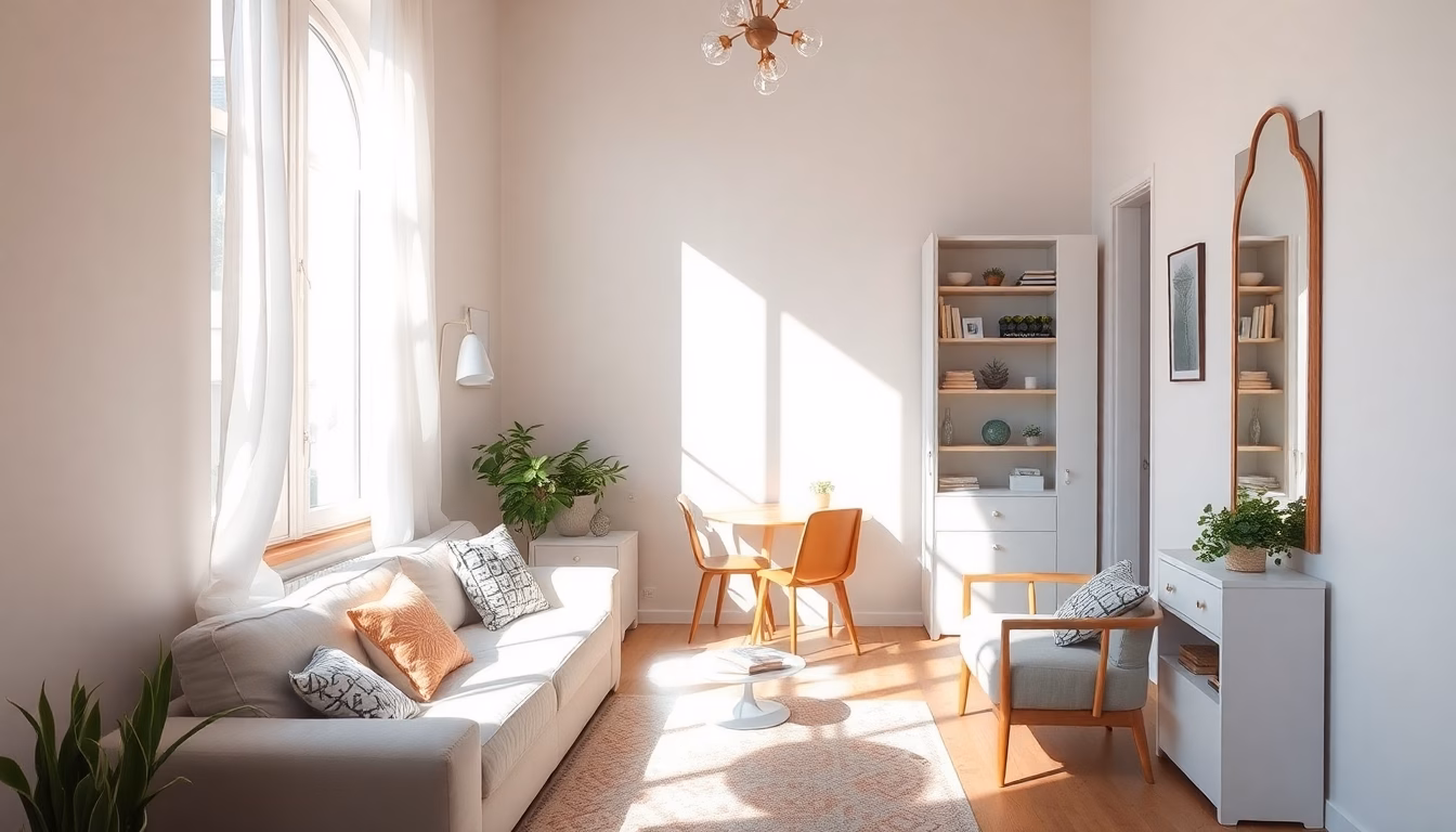 Un petit appartement rendu lumineux et spacieux grâce à des miroirs et des couleurs claires.
