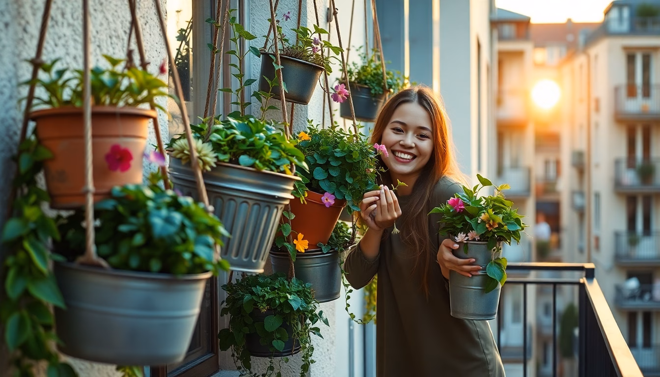 Balcon transformé en jardin suspendu avec des plantes dans des pots recyclés.