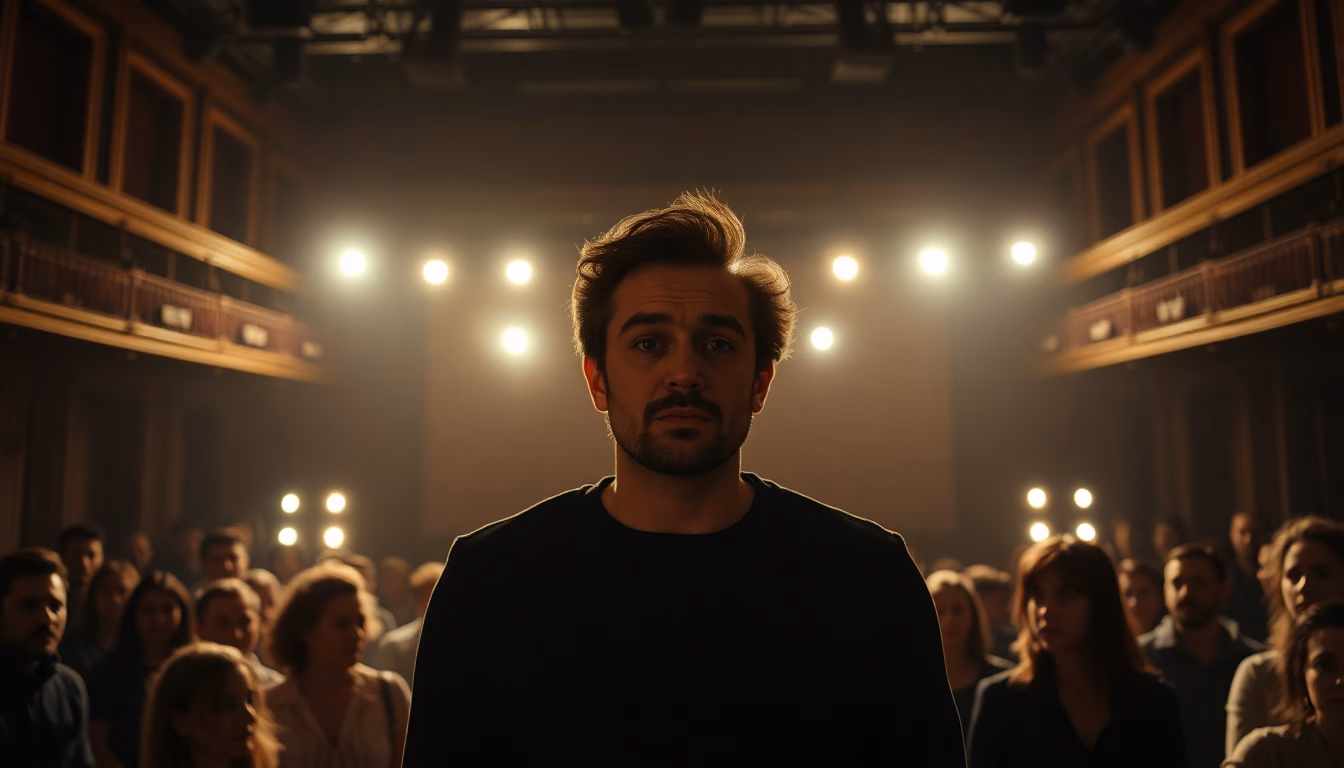 Une scène de théâtre sombre avec des acteurs jouant une pièce de Xavier Durringer.
