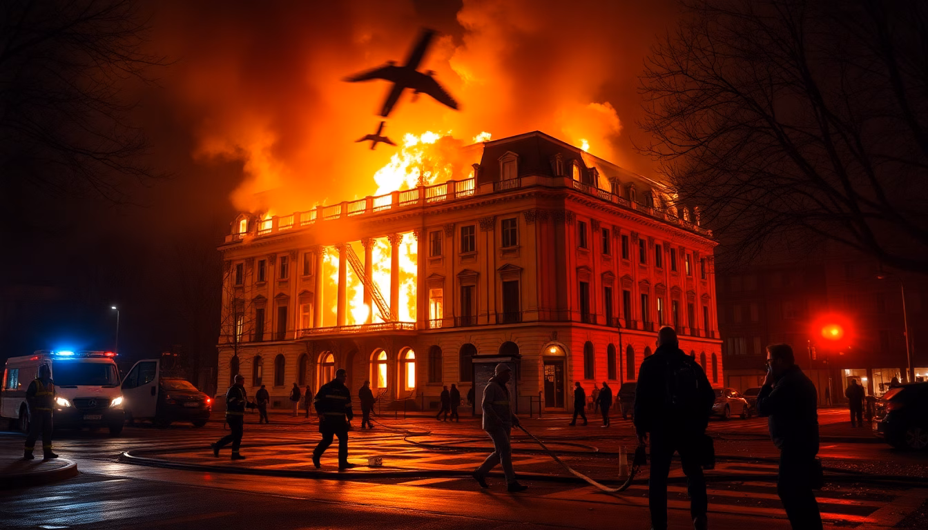 Bâtiment de Matignon en feu avec des pompiers