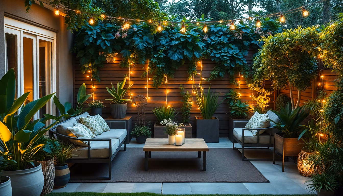 jardin aménagé avec lumières douces et verdure