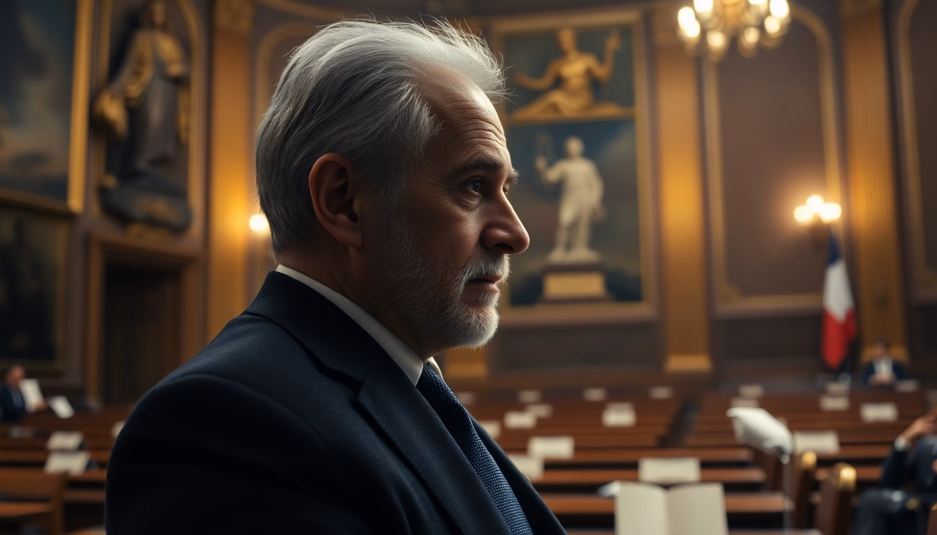Portrait de Robert Badinter devant des livres de droit et le drapeau français