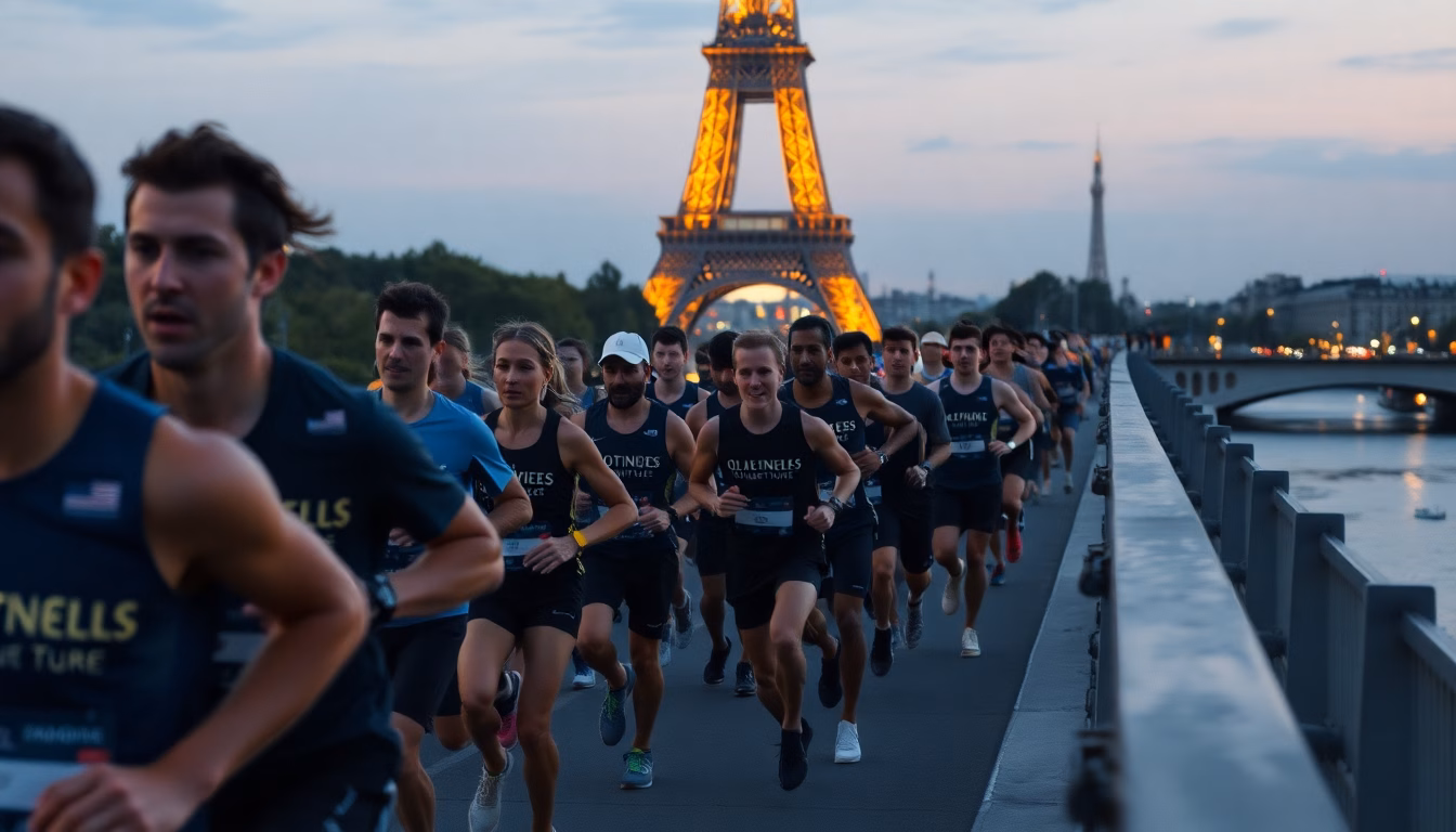coureurs franchissant la ligne d'arrivée des 20km de Paris