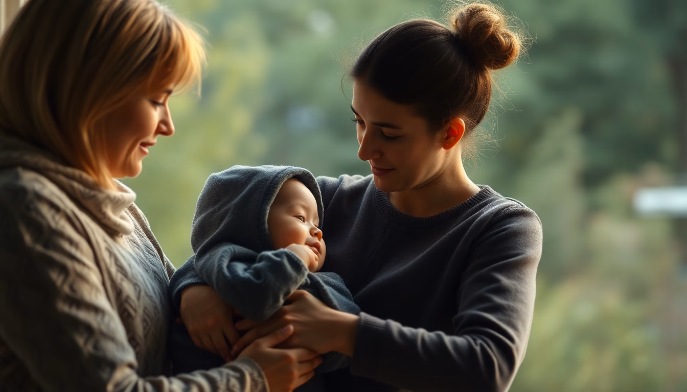 Couple heureux avec bébé et informations sur le congé de naissance